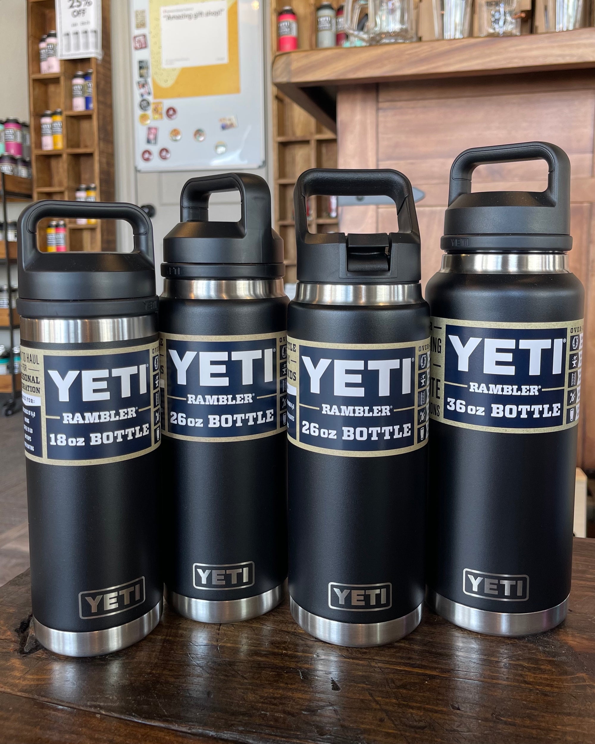 Added the 46 Oz rambler to my lineup! From left to right for size  comparison: 12oz, 36oz, 36oz, 46oz, 64oz. : r/YetiCoolers